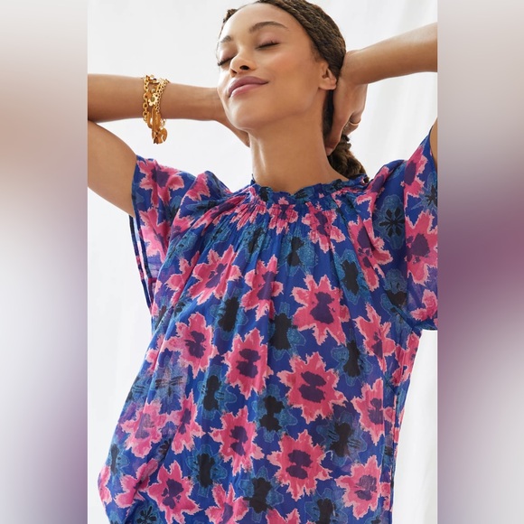 Banjanan Tops - Banjanan Dahlia Smocked Floral Blouse Blue Pink Boho Cotton Top Size S